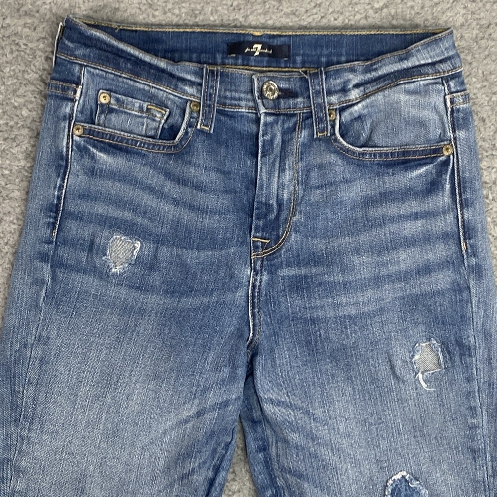 7 For All Mankind Skinny Ankle Jeans Size 26 Patches‎ Frayed Hem Medium Wash - Picture 3 of 16